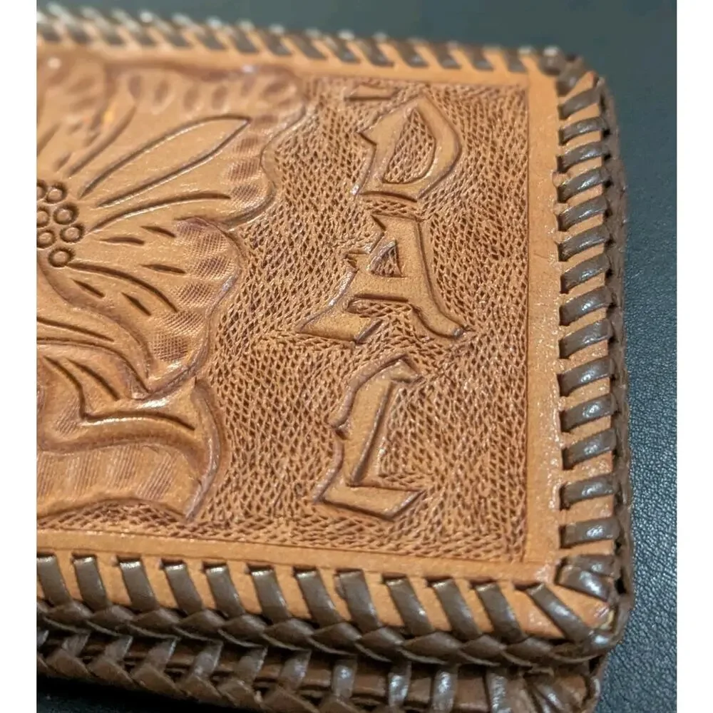 Vintage Handmade Tooled Brown Leather Wallet Western Floral Billfold Mens